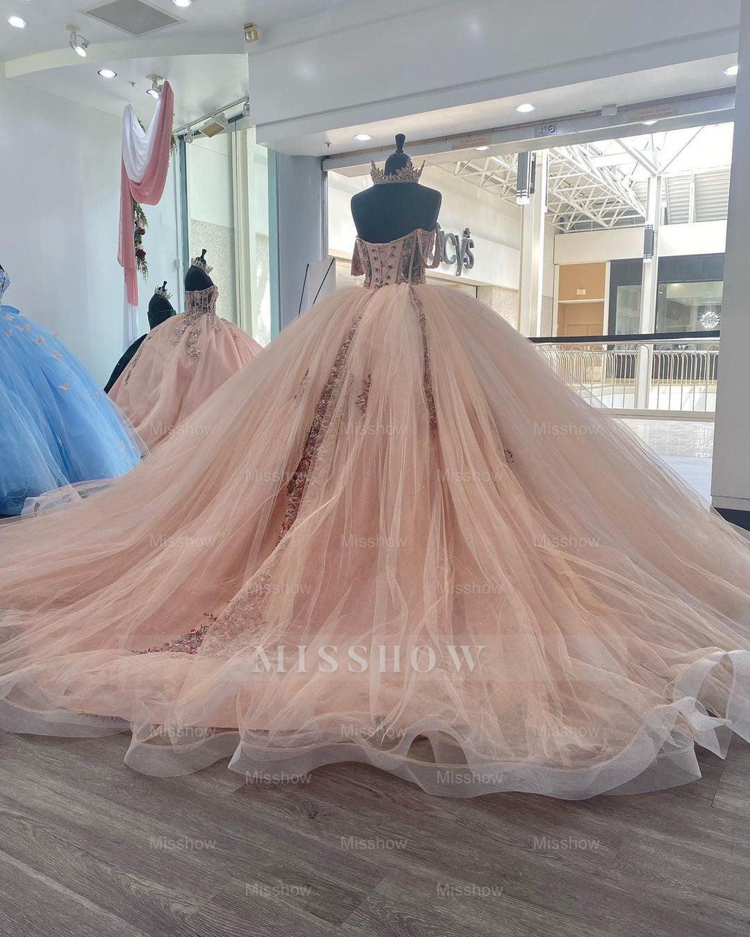 Misshow Ball Gown with Sweetheart Neckline Off-Shoulder Sleeveless Lace Applique Tulle Dress in Baby Pink for Prom Quinceanera & Sweet 16
