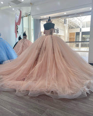 Misshow Ball Gown with Sweetheart Neckline Off-Shoulder Sleeveless Lace Applique Tulle Dress in Baby Pink for Prom Quinceanera & Sweet 16