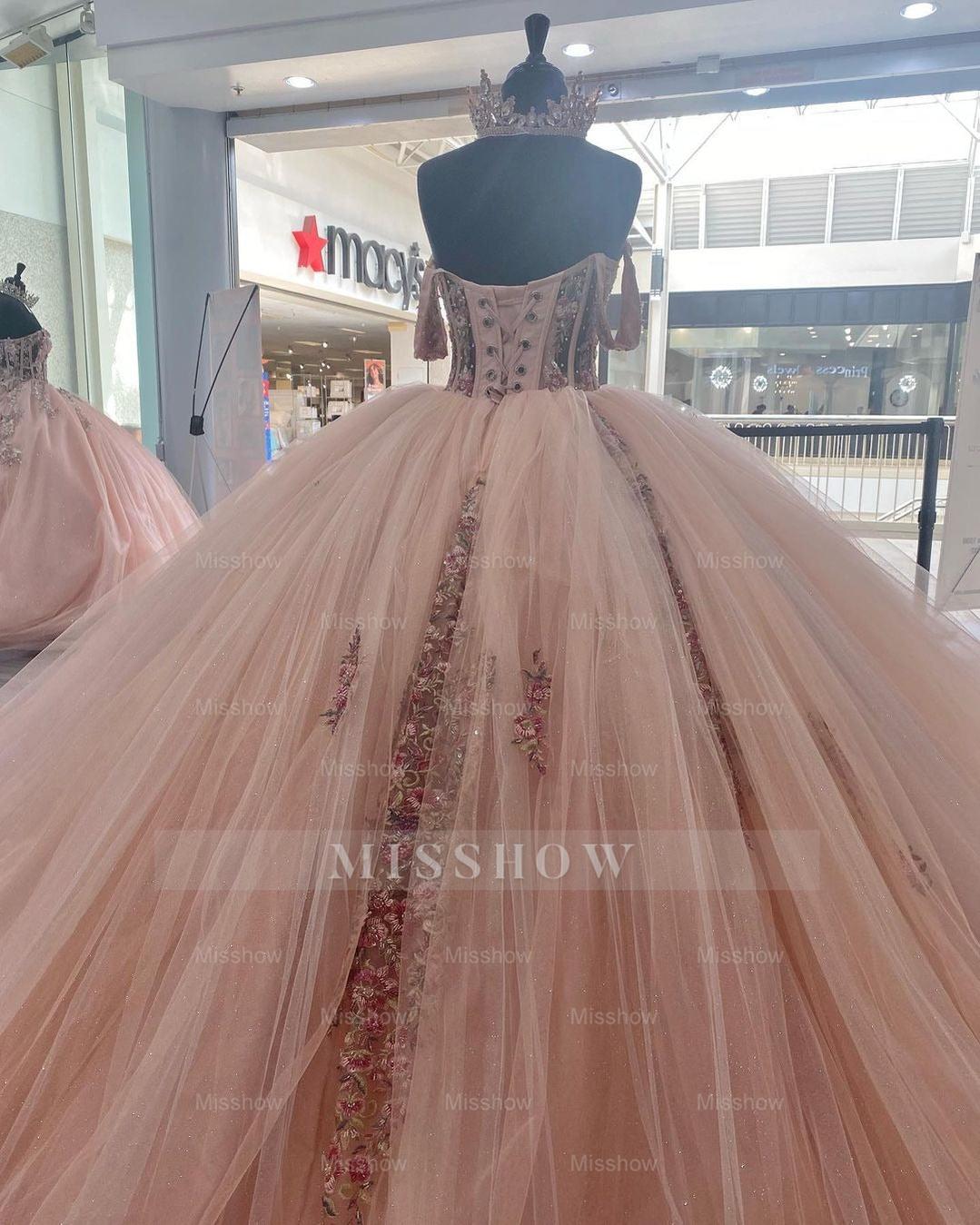 Misshow Ball Gown with Sweetheart Neckline Off-Shoulder Sleeveless Lace Applique Tulle Dress in Baby Pink for Prom Quinceanera & Sweet 16
