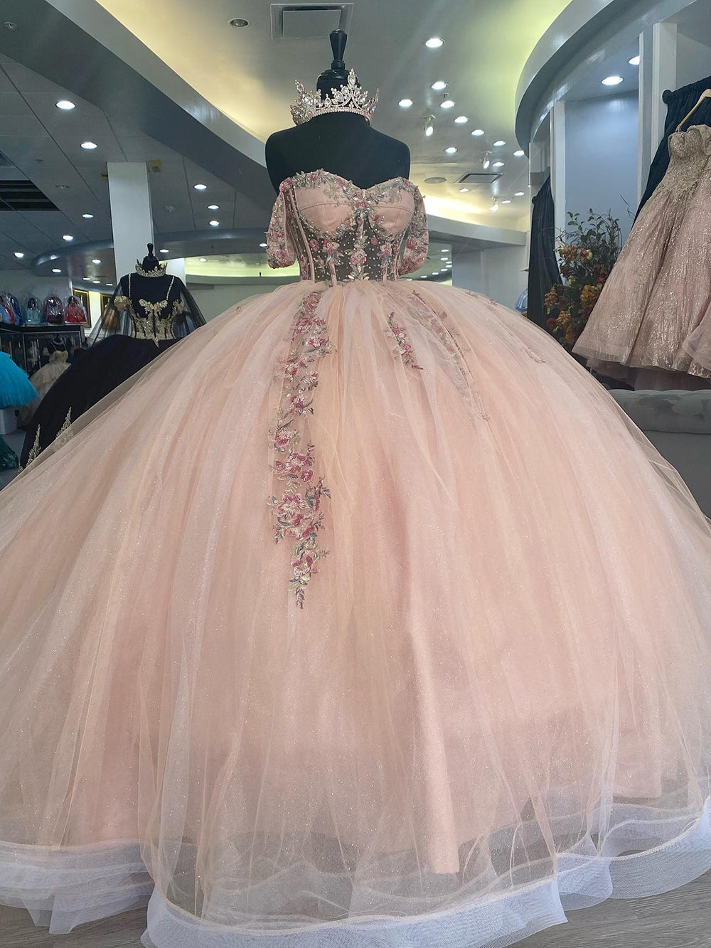 Misshow Ball Gown with Sweetheart Neckline Off-Shoulder Sleeveless Lace Applique Tulle Dress in Baby Pink for Prom Quinceanera & Sweet 16