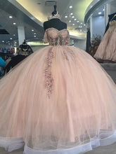 Misshow Ball Gown with Sweetheart Neckline Off-Shoulder Sleeveless Lace Applique Tulle Dress in Baby Pink for Prom Quinceanera & Sweet 16