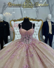 Misshow Ball Gown with Sweetheart Neckline Spaghetti Straps & Sequined Lace Appliques Perfect for Quinceanera Sweet 16 and Princess-Themed Parties