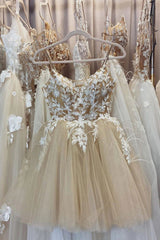 Misshow Beige Spaghetti Straps Homecoming Dress/Mini Dress With Appliques