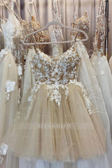 Misshow Beige Spaghetti Straps Homecoming Dress/Mini Dress With Appliques