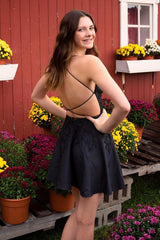 Misshow Black A Line Backless Halter Short Homecoming Dress/Mini Dress with Lace