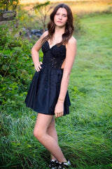 Misshow Black A Line Backless Halter Short Homecoming Dress/Mini Dress with Lace