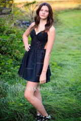 Misshow Black A Line Backless Halter Short Homecoming Dress/Mini Dress with Lace