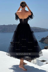 Misshow Black A-Line Corset Ruffled Tulle Homecoming Dress/Mini Dress