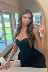 Misshow Black A-Line Corset Sweetheart High Low Tiered Long Prom Dress