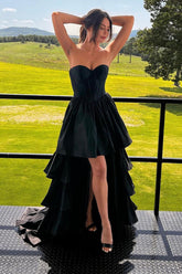 Misshow Black A-Line Corset Sweetheart High Low Tiered Long Prom Dress