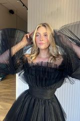 Misshow Black A-Line Detachable Long Sleeves Tulle Short Homecoming Dress/Mini Dress