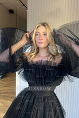 Misshow Black A-Line Detachable Long Sleeves Tulle Short Homecoming Dress/Mini Dress