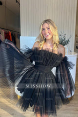 Misshow Black A-Line Detachable Long Sleeves Tulle Short Homecoming Dress/Mini Dress