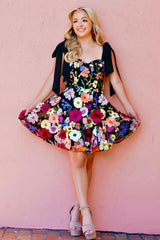 Misshow Black A Line Flower Print Short Homecoming Dress/Mini Dress