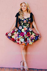 Misshow Black A Line Flower Print Short Homecoming Dress/Mini Dress