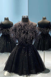 Misshow Black A-Line Strapless Homecoming Dress/Mini Dress with Feathers