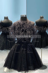 Misshow Black A-Line Strapless Homecoming Dress/Mini Dress with Feathers