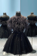 Misshow Black A-Line Strapless Homecoming Dress/Mini Dress with Feathers