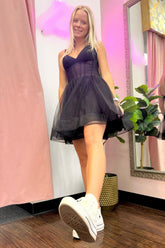 Misshow Black Corset A-Line Short Tulle Homecoming Dress/Mini Dress