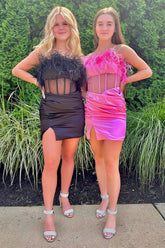 Misshow Black Corset Satin Tight Short Homecoming Dress/Mini Dress with Feathers