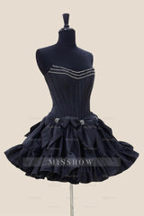 Misshow Black Corset Strapless A Line Short Homecoming Dress/Mini Dress With Bows