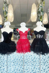 Misshow Black Corset Sweetheart A-Line Short Tulle Homecoming Dress/Mini Dress