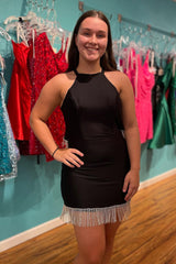 Misshow Black Halter Open Back Tight Short Homecoming Dress/Mini Dress with Fringes