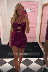 Misshow Black Halter Satin Tight Short Homecoming Dress/Mini Dress with Hollow Out