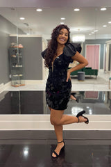 Misshow Black Mirror Tight Short Homecoming Dress/Mini Dress With Puff Sleeves