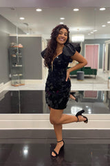 Misshow Black Mirror Tight Short Homecoming Dress/Mini Dress With Puff Sleeves
