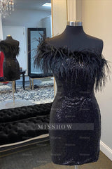 Misshow Black One Shoulder Sequins Short Homecoming Dress/Mini Dress with Feathers