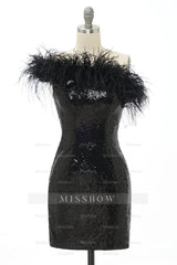 Misshow Black One Shoulder Sequins Short Homecoming Dress/Mini Dress with Feathers