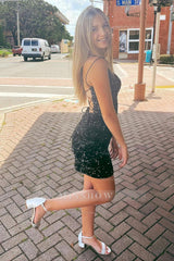 Misshow Black Sequins Lace-Up Back Homecoming Dress/Mini Dress