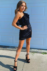 Misshow Black Sequins One Shoulder Homecoming Dress/Mini Dress