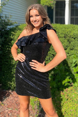 Misshow Black Sequins One Shoulder Homecoming Dress/Mini Dress