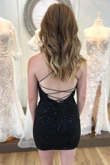 Misshow Black Spaghetti Straps Sequins Backless Tight Homecoming Dress/Mini Dress