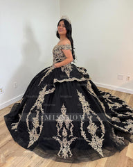Misshow Black Tulle Ball Gown Off-Shoulder Lace Applique Princess Dress for Quinceanera & Sweet 16