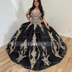 Misshow Black Tulle Ball Gown Off-Shoulder Lace Applique Princess Dress for Quinceanera & Sweet 16