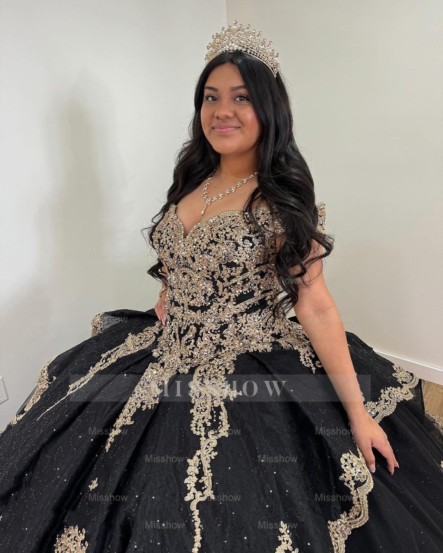 Misshow Black Tulle Ball Gown Off-Shoulder Lace Applique Princess Dress for Quinceanera & Sweet 16