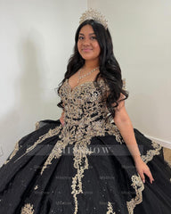 Misshow Black Tulle Ball Gown Off-Shoulder Lace Applique Princess Dress for Quinceanera & Sweet 16