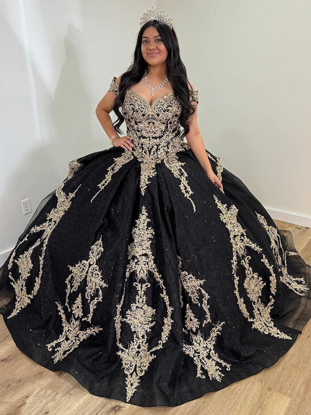 Misshow Black Tulle Ball Gown Off-Shoulder Lace Applique Princess Dress for Quinceanera & Sweet 16