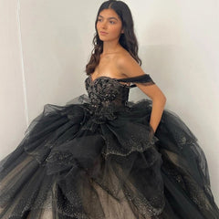 Misshow Black Tulle Quinceanera Dress Off-Shoulder Lace Ball Gown with Ruffled Tiered Skirt for Sweet 16 & Prom
