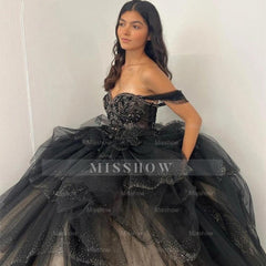 Misshow Black Tulle Quinceanera Dress Off-Shoulder Lace Ball Gown with Ruffled Tiered Skirt for Sweet 16 & Prom