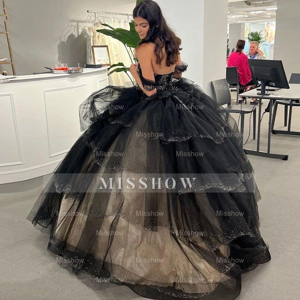 Misshow Black Tulle Quinceanera Dress Off-Shoulder Lace Ball Gown with Ruffled Tiered Skirt for Sweet 16 & Prom