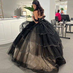 Misshow Black Tulle Quinceanera Dress Off-Shoulder Lace Ball Gown with Ruffled Tiered Skirt for Sweet 16 & Prom
