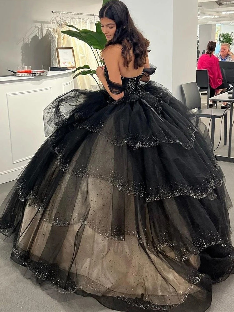 Misshow Black Tulle Quinceanera Dress Off-Shoulder Lace Ball Gown with Ruffled Tiered Skirt for Sweet 16 & Prom