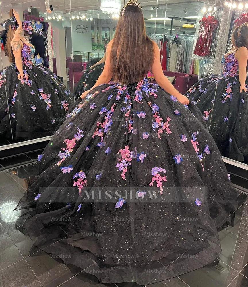 Misshow Black Tulle Quinceanera Dress Sweetheart Neckline with 3D Floral Lace & Beaded Appliques for Sweet 16 & Birthday Parties