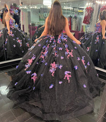 Misshow Black Tulle Quinceanera Dress Sweetheart Neckline with 3D Floral Lace & Beaded Appliques for Sweet 16 & Birthday Parties