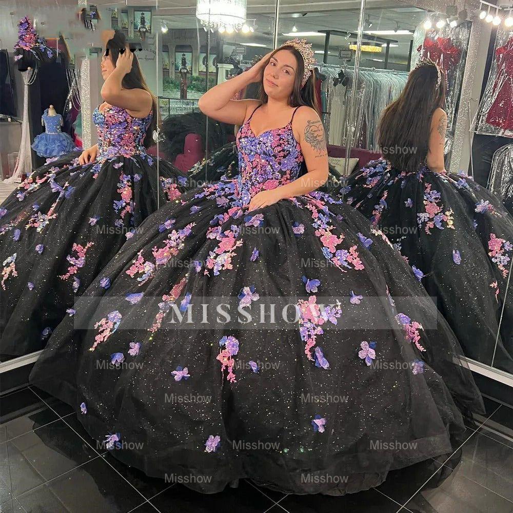 Misshow Black Tulle Quinceanera Dress Sweetheart Neckline with 3D Floral Lace & Beaded Appliques for Sweet 16 & Birthday Parties