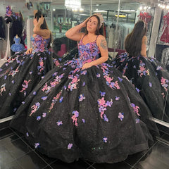 Misshow Black Tulle Quinceanera Dress Sweetheart Neckline with 3D Floral Lace & Beaded Appliques for Sweet 16 & Birthday Parties